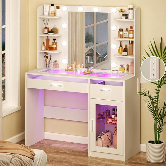 Modern LED Vanity Desk with Mirror & Storage